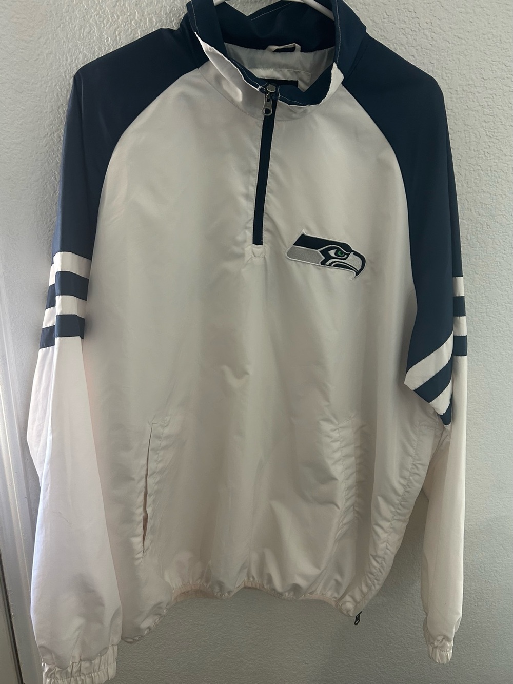 Men's White and Navy Quarter-Zip Pullover winter breaker